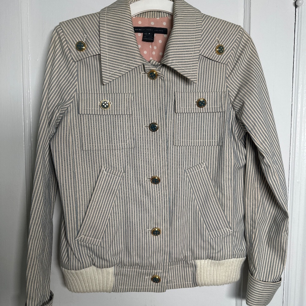 Marc by Marc Jacobs Blue & White Pinstriped Bomber jacket, Size 8